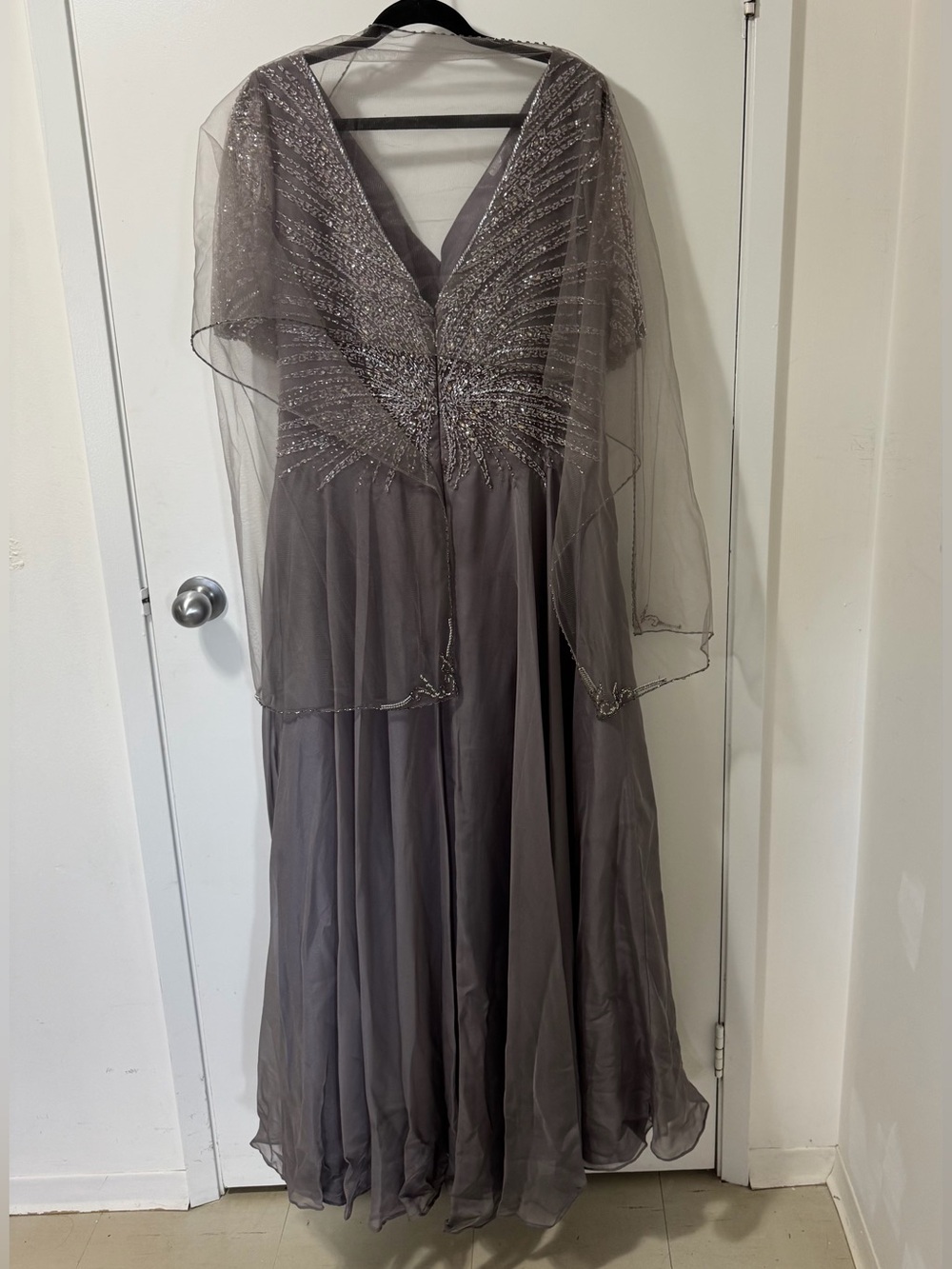 Montage by Mon Cheri Taupe Beaded V-Neck Evening Gown